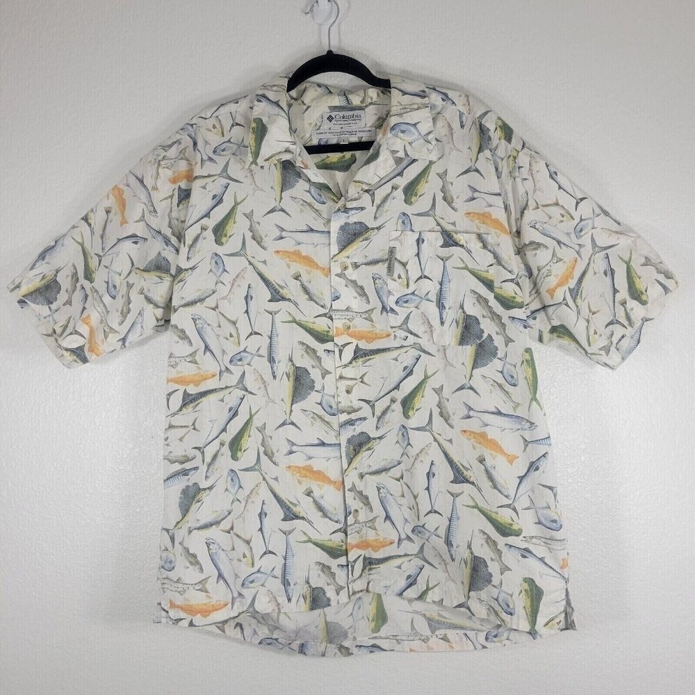 Columbia Fish Button Down Shirt Men Large Short Sleeve White Cotton AOP Nautical